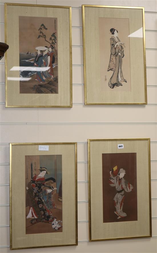 Four Japanese pictures in gold frames, 39 x 19cm